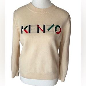 Kenzo Wool Sweater Cream/Ivory Small Vintage Knit Designer Logo Embroidered